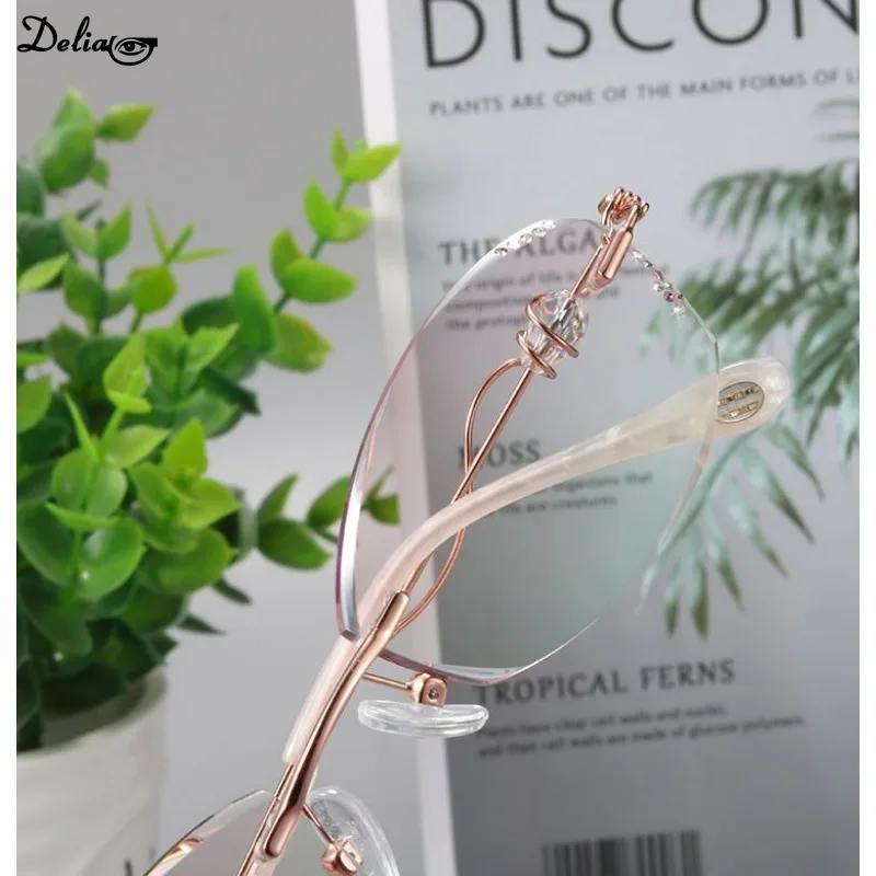 Diamond Cutting Reading Eyeglasses Alloy Rimless Women Pink Gradient Reading Glasses Woman Rhinestone Metal Anti Blue +4.0 3