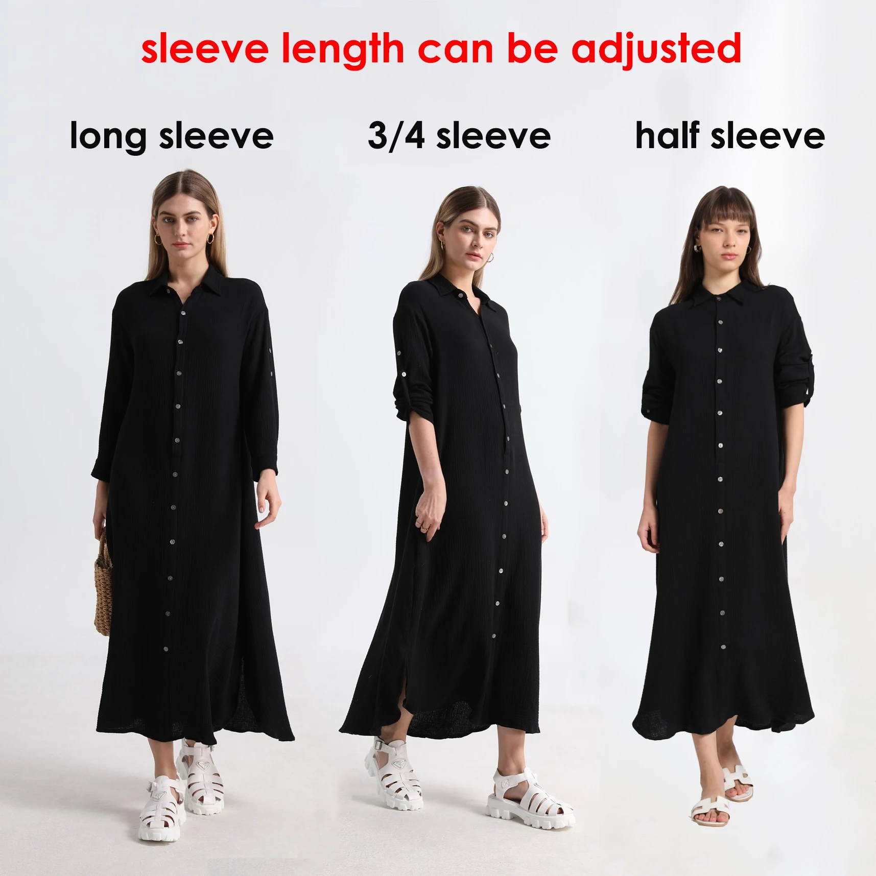 AP 2024 Spring and Summer Women Muslin Shirt Dress Lady Cotton Dress Casual Side Slits Sleeve Length Can Be Adjusted