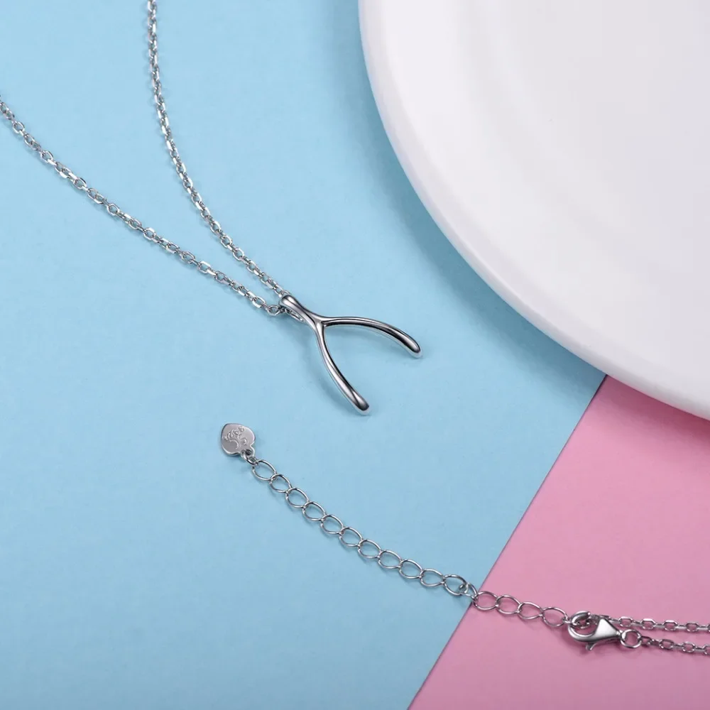 U7 925 Sterling Silver Wishbone Bone Necklace Women Good Luck Pray Wishes Anniversary Mothers Day Jewelry Gift for Her SC44 QC24 pendant necklace silver necklace