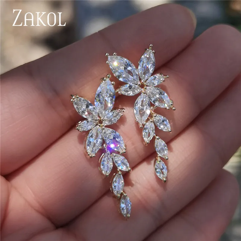 ZAKOL Fashion Leaf Zircon Wedding Earrings for Women White Gold Color Marquise Crystal for crystal earrings