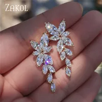 ZAKOL Fashion Leaf Zircon Wedding Earrings for Women White Gold Color Marquise Crystal Bridal Earring Party Jewelry Gift 2