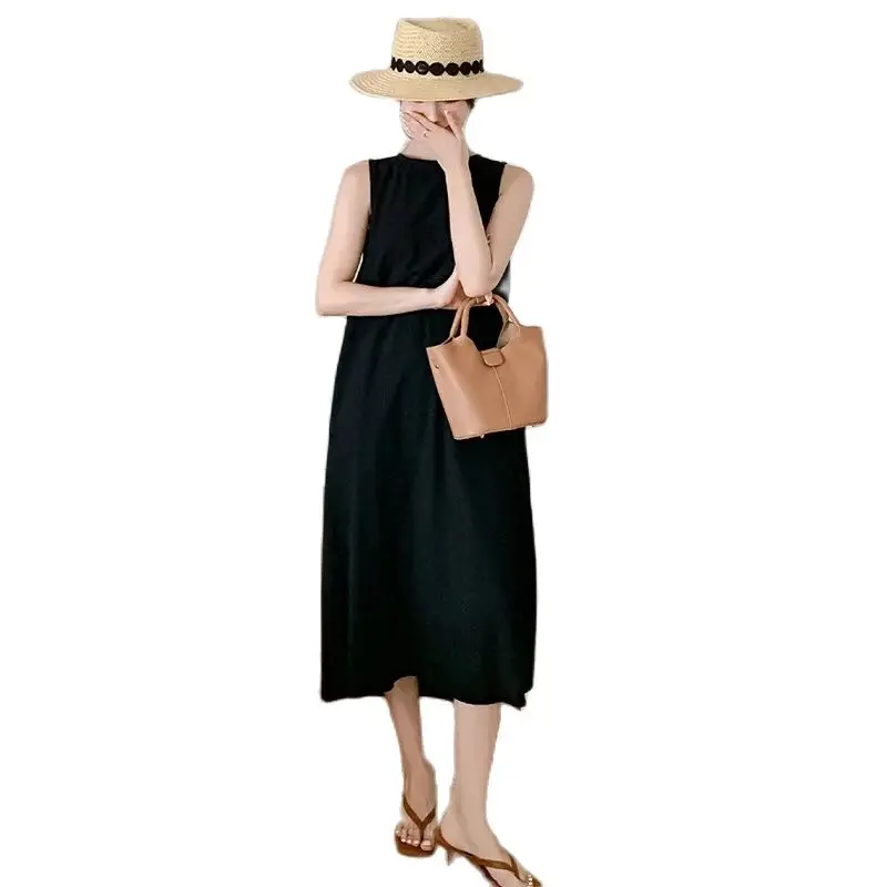 NYFS 2025 Yaz Yeni Kore Kadın Elbise vestidos Robe Elbise Gevşek Artı Boyutu Katı Kolsuz Backless Uzun Elbise L-4XL