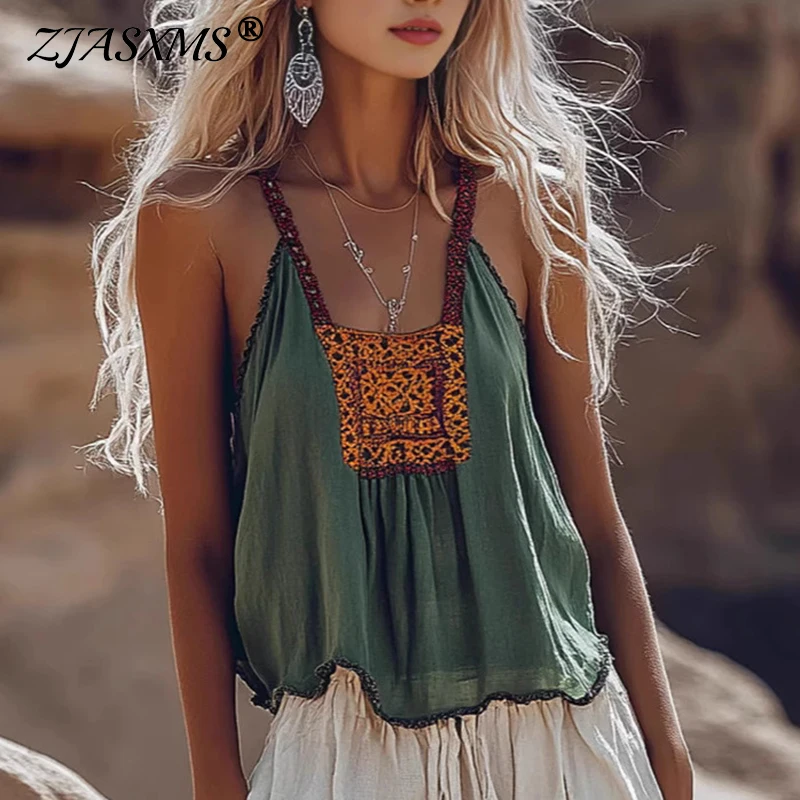 Ethnic Retro Pattern Print Camisole Top Spring New V Neck Hollow Out Suspender Shirt Summer Sleeveless Beach Vest Woman Clothing