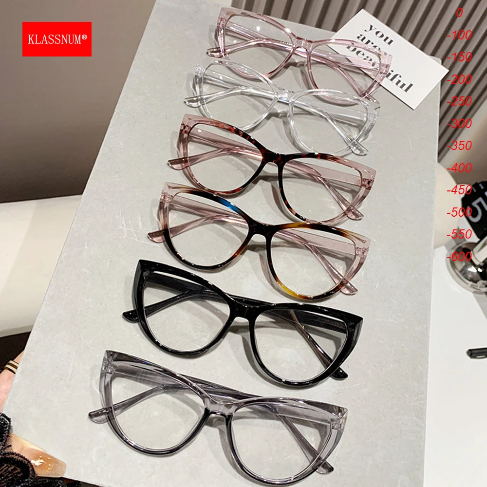 KLASSNUM Women Cat Eye Myopia Glasses Fashion Trendy Anti-blue Light Near Sight Eyepiece Vintage Lens Minus Eyewear 0 To-6.0 myopia glasses,anti blue light glasses