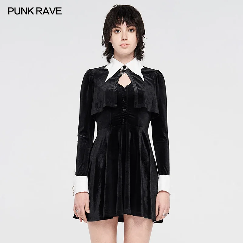 

PUNK RAVE Women's Gothic Dark Bat White Collar Fake Two Piece Little Black Dress Small Shawl Design Velvet A-Line Daily Dresses