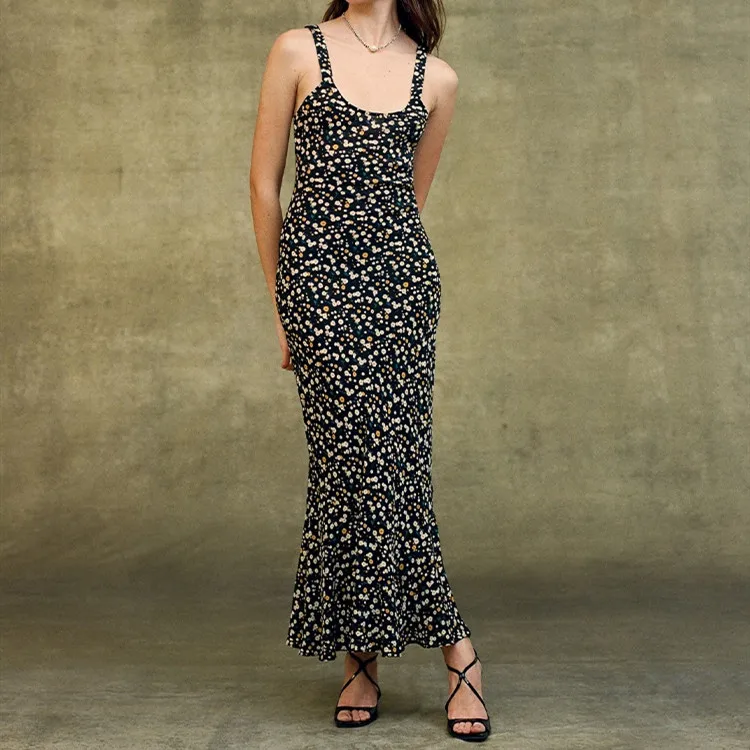 

Women Daisy Printed Strapless Prairie Chic 100% Silk Spaghetti Strap Sling Maxi Dress