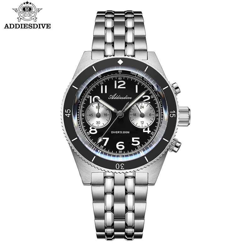 ADDIESDIVE 41mm AD2034 Men's Watch Blue Luminous Bubble Mirror Sapphire Two Eye Multifunctional Chronograph Quartz Diver Watch