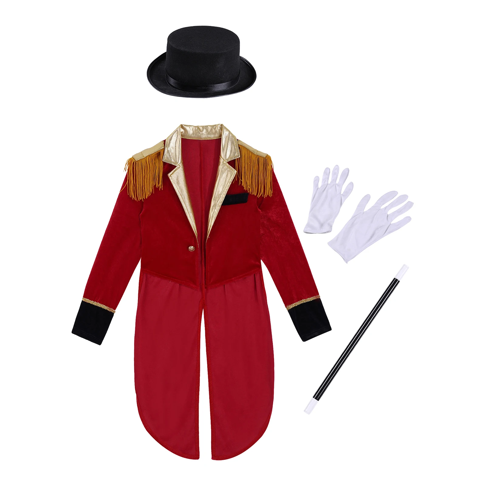 Kids Boys Circus Jacket Costume Medieval Ringmaster Tuxedo Coat Lapel Tailcoat with Hat Magic Wand Gloves Halloween Cosplay Suit