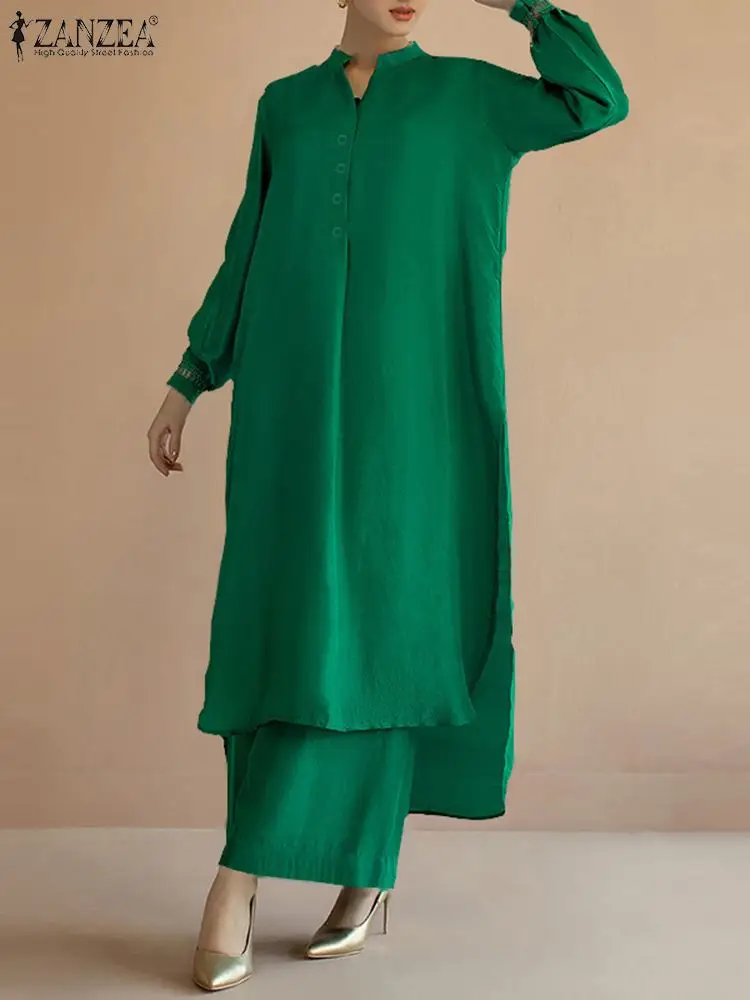 ZANZEA Retro Wide Leg Trousers Outfits Women Solid 2PCS Pant Sets 2023 Autumn Irregular Split Hem Long Shirt Suits Oversized Set