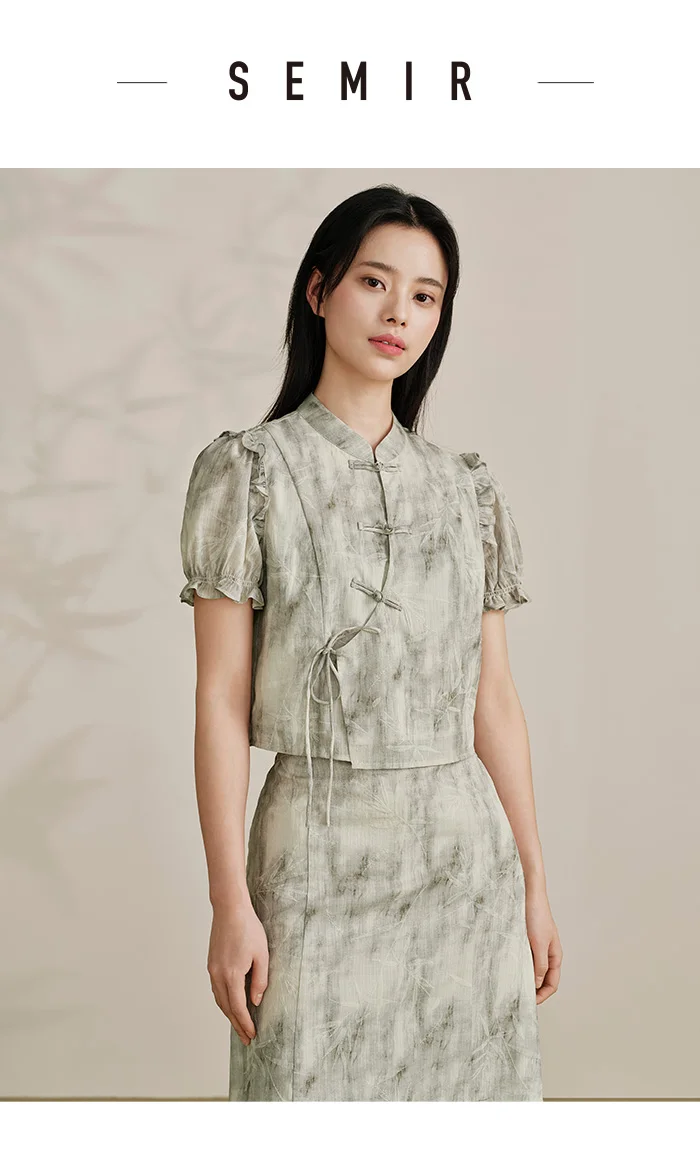 Traje de marca compartida para mujer, top corto ajustado, falda larga abierta, conjunto de ropa Guo Feng de verano de dos piezas