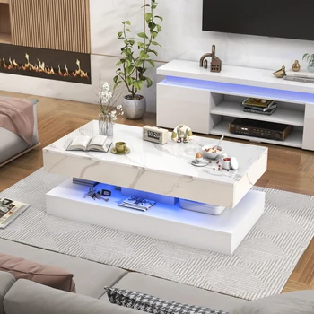 Modern Stylish Coffee Table with LED lights, Double-Layer Design for Living Room Coffee Table with 2 Storage Drawers 4