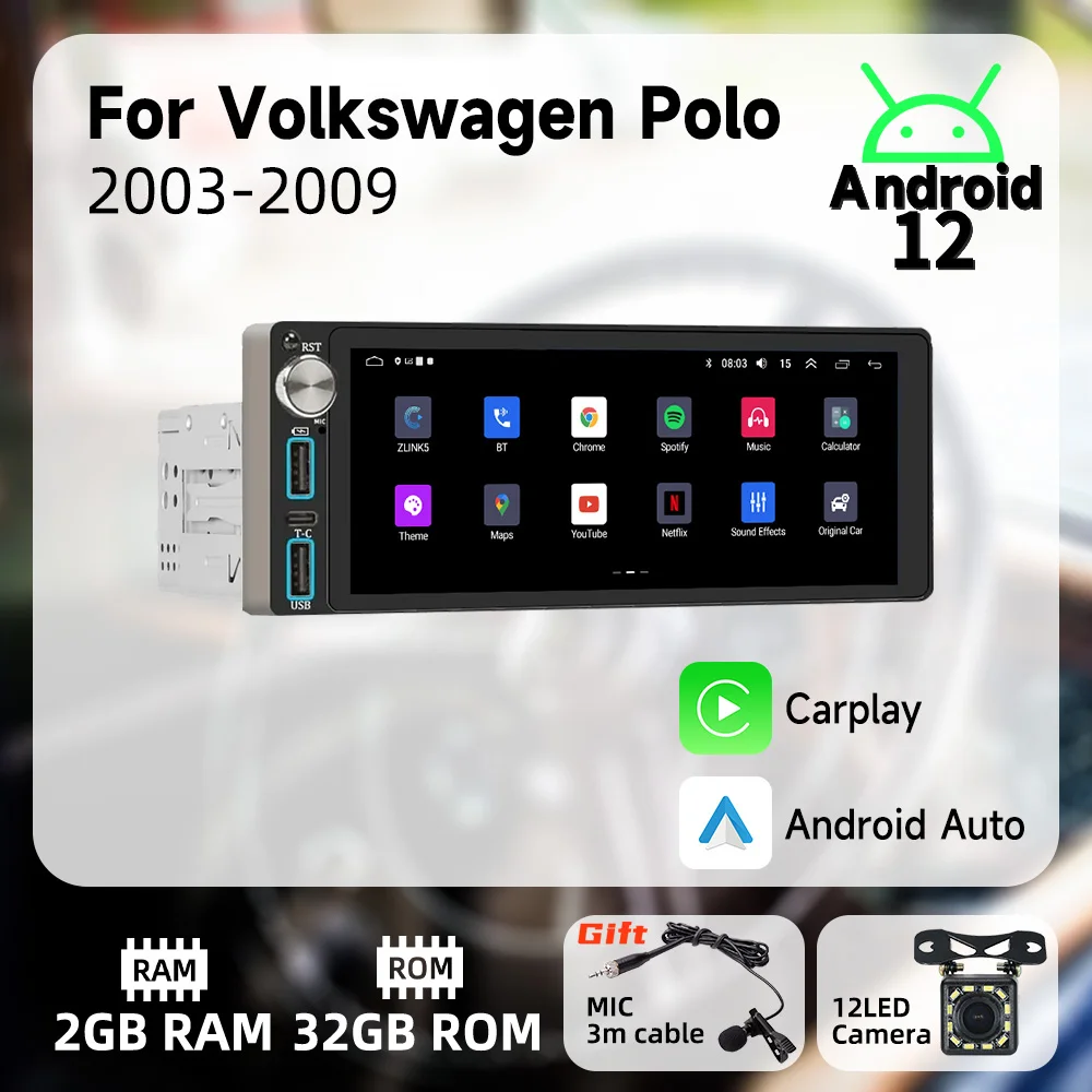 

Автомобильная Мультимедийная система Carplay 1 Din на Android для VW Volkswagen Polo 2003-2009, экран 6,86 дюйма, стерео, головное устройство, Авторадио, навигация