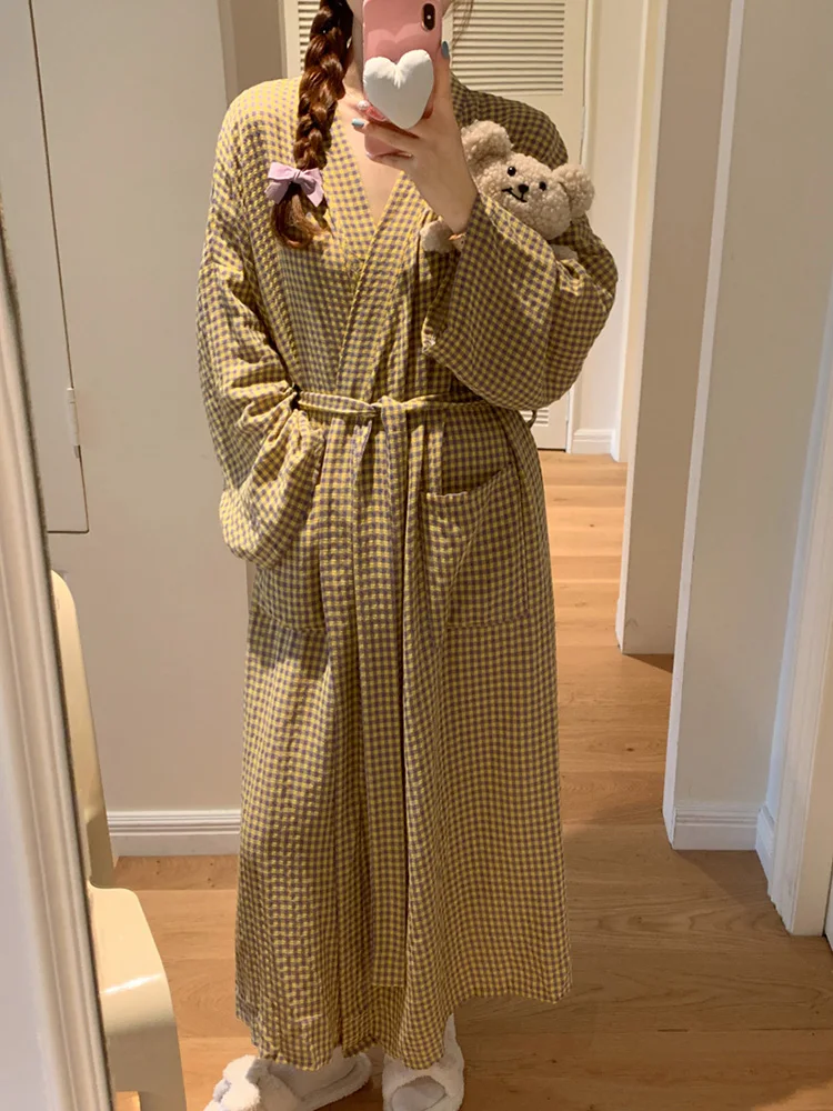 Home Soft Summer Stripe Long Sleeve Plaid Sleepwear Women Elegant Casual Long nightgown Korean Style Simple Sweet Sleep Tops Ins,women sleepwear