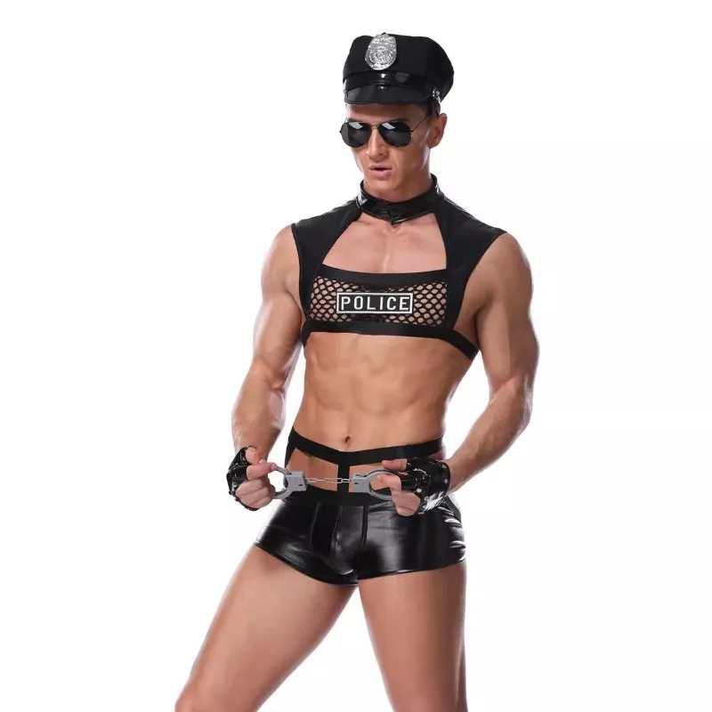 Men Sexy Police Costume Black Latex Mesh Sexy Lingerie Hot Erotic Cop Uniform Cosplay Policemen Dress Up