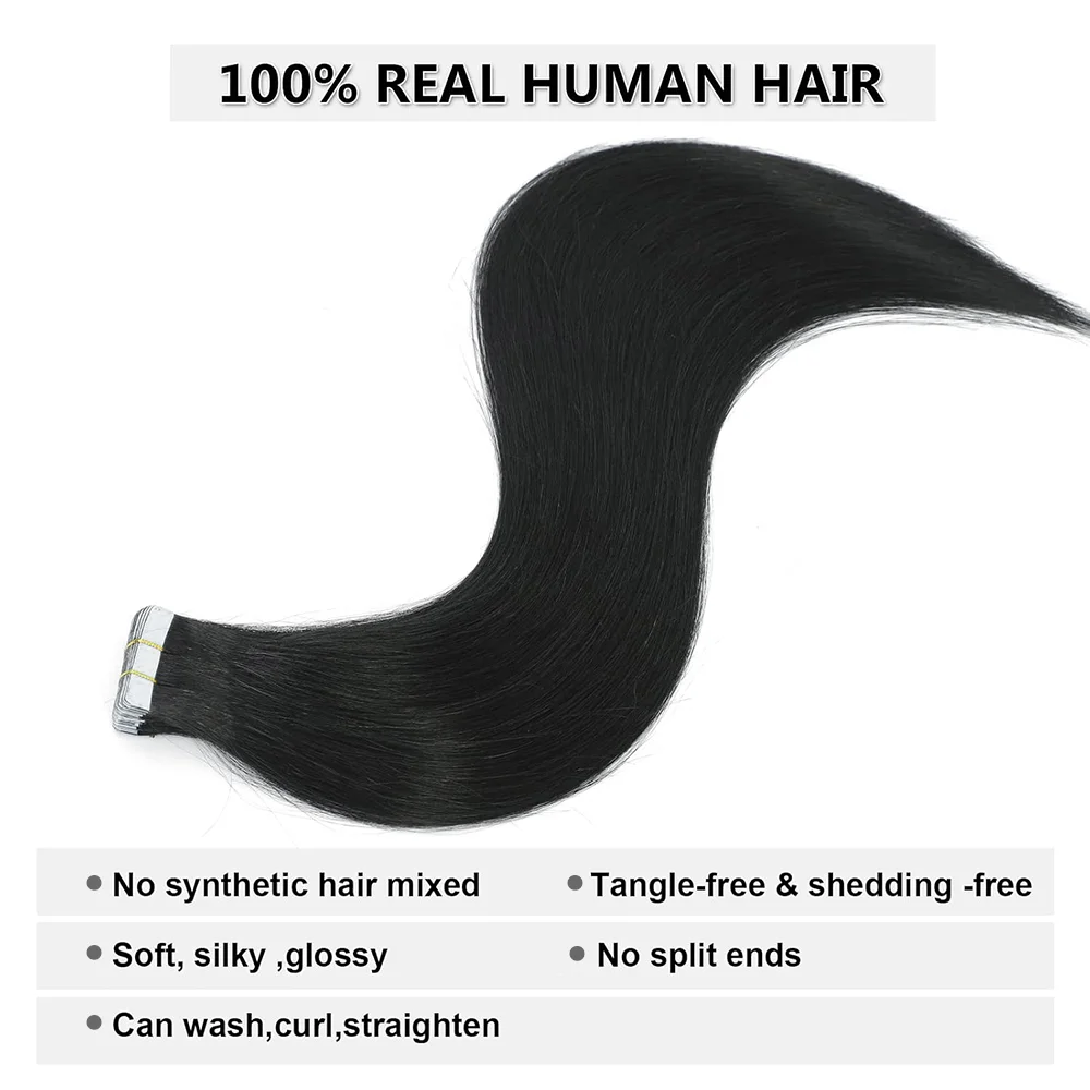 Tape In Straight Human Hair Extensions Natural Black Brazilian 100% Real Human Hair Extension Skin Weft Adhesive Invisible 20Pcs