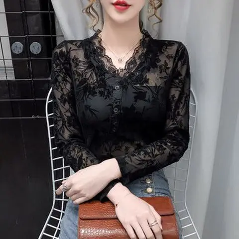 

Lace Bottoming Shirt Women's Autumn Winter New Fashion V-neck Mesh Embroidered Tshirt Blouse M-4XL