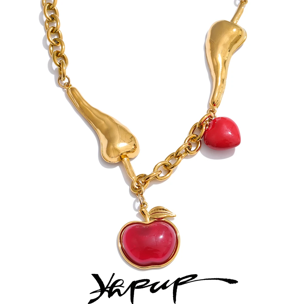 Yhpup Necklace Chain Red Enamel Golden Stainless Steel