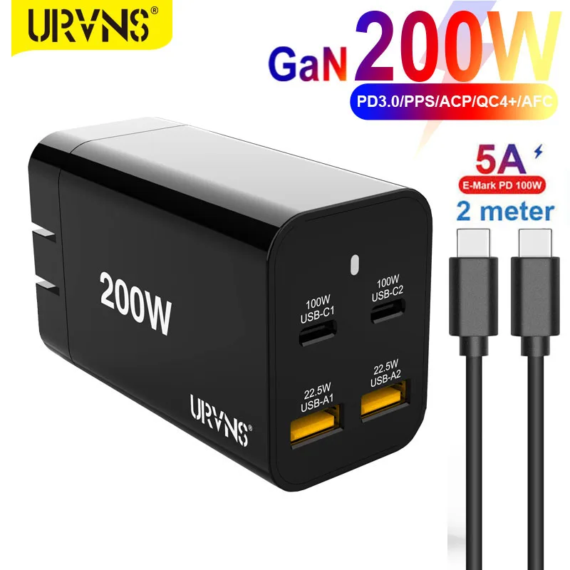 URVNS 200W GaN USB C Wall Charger Power Adapter,4 Port PD 100W PPS 45W QC4 SCP for Laptops MacBook iPhone 13 Samsung Xiaomi Dell 65w charger usb c Chargers