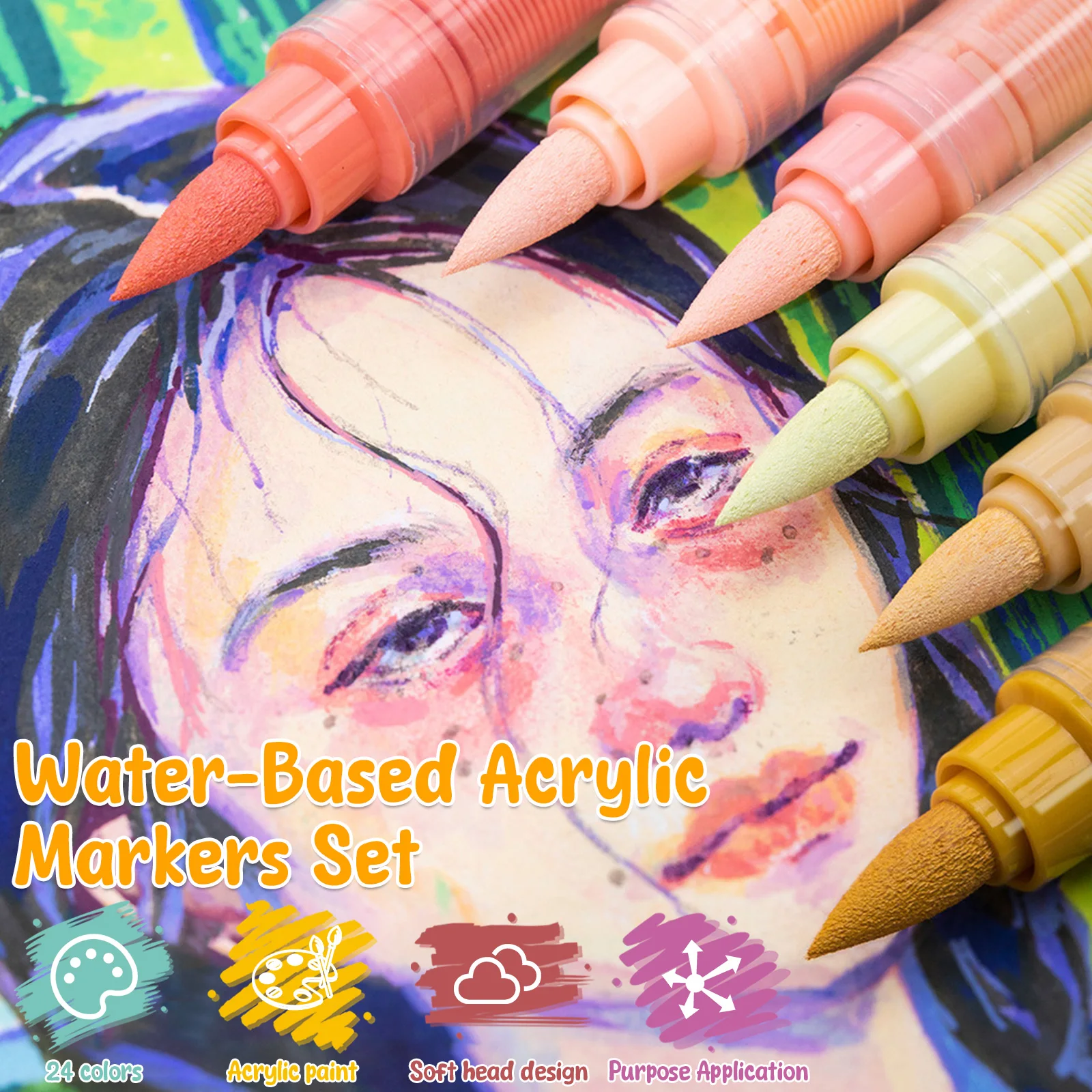 24Pcs Acrylic Paint Pens Quick Dry Acrylic Markers Set With Soft Nib for Paper Wood Rock Glass Graffiti Brush Markers