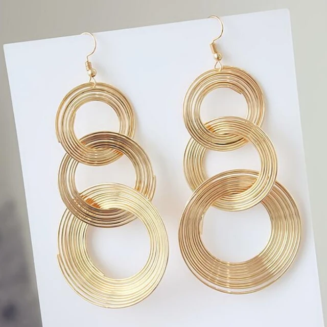 3 Circles Long Hanging Earrings for Women Gold Color Multi-layers Wrap Round Big Statement Exaggerated FashionEar Jewelry