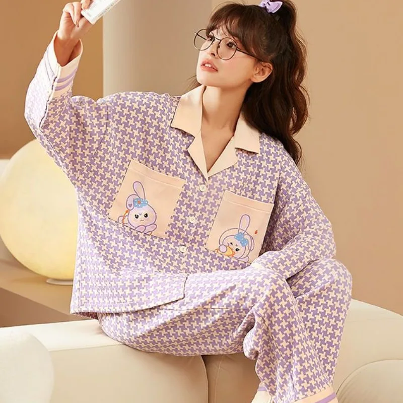 Pajama Spring Autumn 2023 New Nightdress Cotton Long-sleeved Cardigan Home Clothes Sleepwear Lapel Women Plus Size Pajamas Set