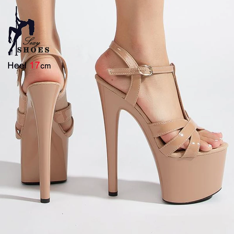 2025 New Apricot Women's Shoes Super High Slim Heels 17cm Platform Narrow Band Ankle Buckle Strap Ladies Sandals Nightclub Shoes