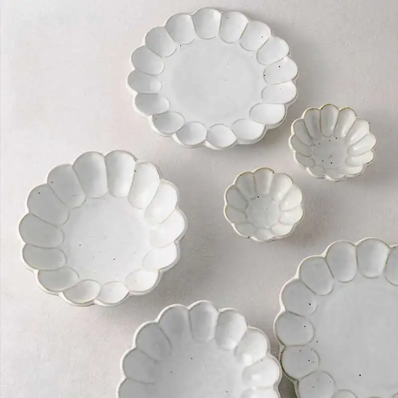 Retro Flower Shape Ceramic Dinner Plate Tableware Steak Dish Fish Long Tray Salad Rice Soup Noodles Bowl