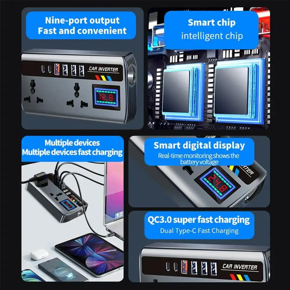 자동차 인버터 변환기 12V/24V 220V 고속 충전 포트 휴대용 자동차 충전기 인버터 3 USB 포트 차량용 인버터