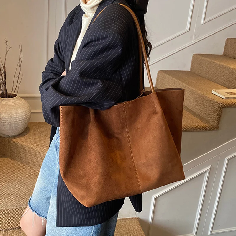 Autumn Winter Women's Suede Frosted Tote Bag Shoulder Armpit Bag Retro Large Capacity Commuter Casual Versatile Handbags