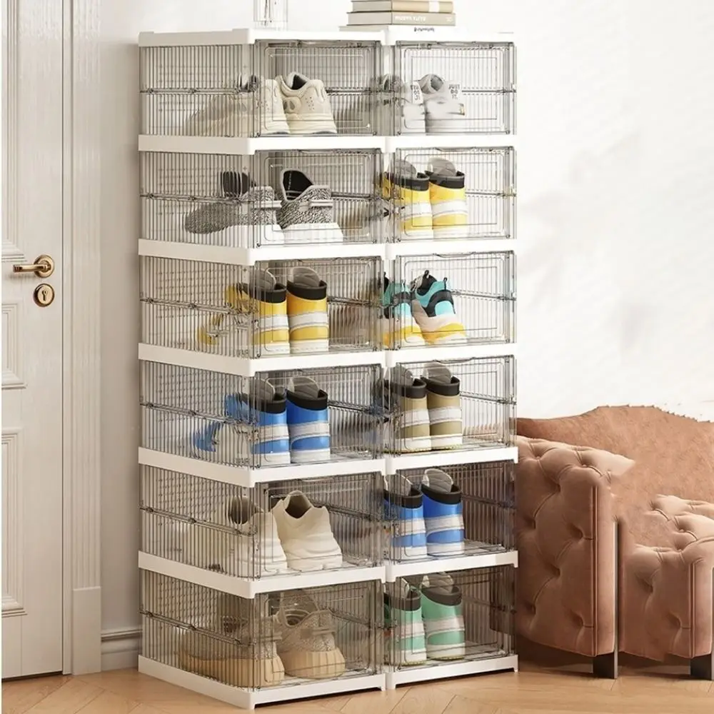 Practical Plastic Multi Layer Shoe Box Transparent Stackable Foldable Shoe Box with Lid Dustproof Shoe Cabinet Sneaker