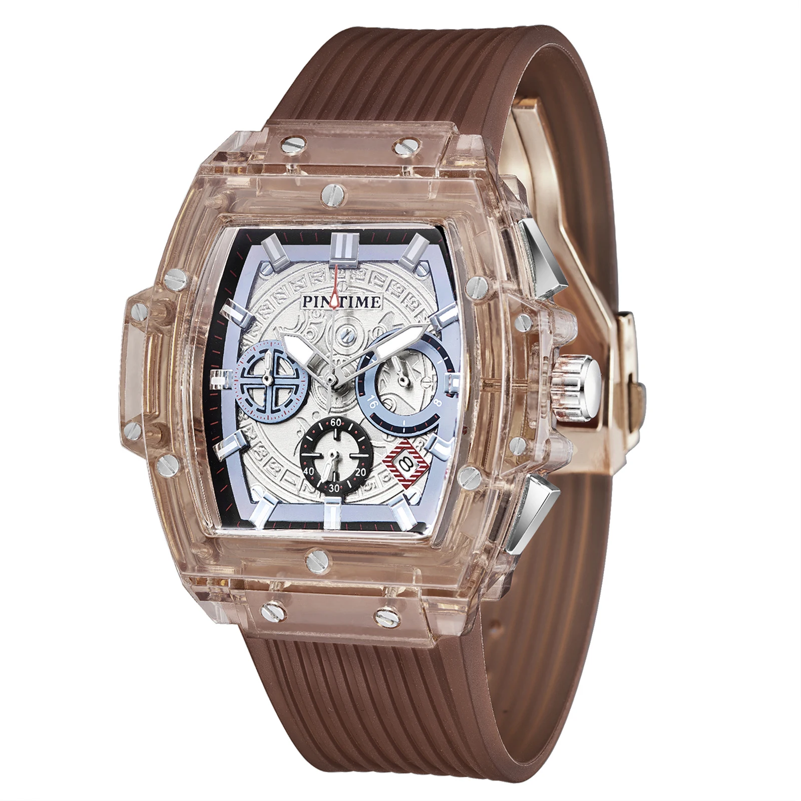 PINTIME Sport Men's Watches Waterproof Quartz Wristwatch Hollow Dial Rubber Band Luminous Calendar  Clock Male Reloj Hombre Gift