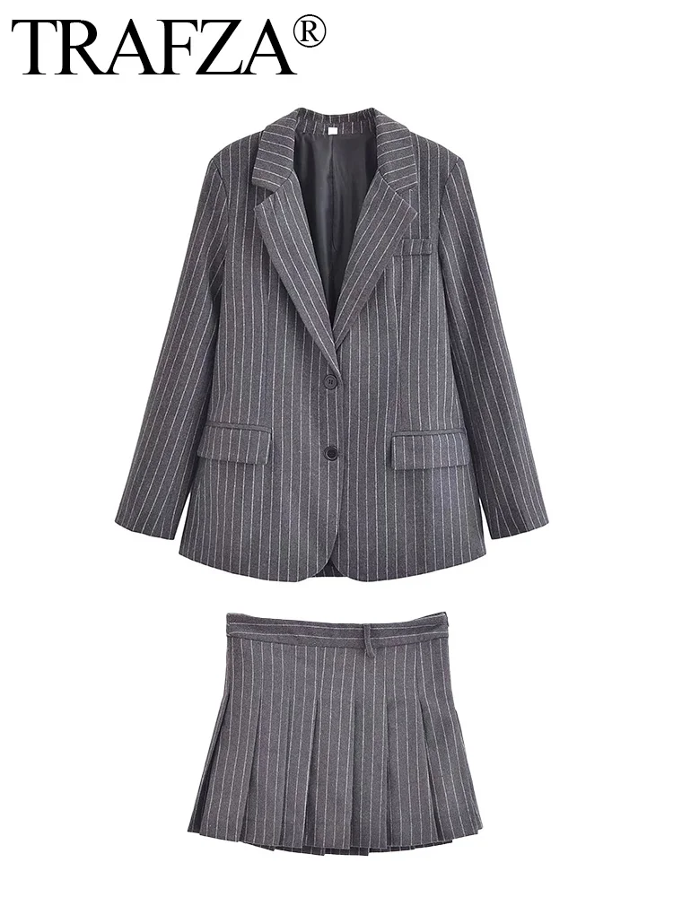 TRAFZA Fashion Women Vintage Loose Outerwear Blazer Long Sleeve Coat Female Chic Flip pocket decoration Casual Pinstripe Blazer