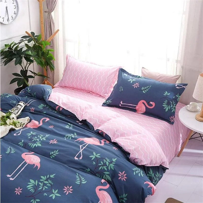 

Pink Flamingo Floral Print Duvet Quilt Cover with Pillowcases Soft Polyester Microfiber King Queen Full Twin Single Double Size