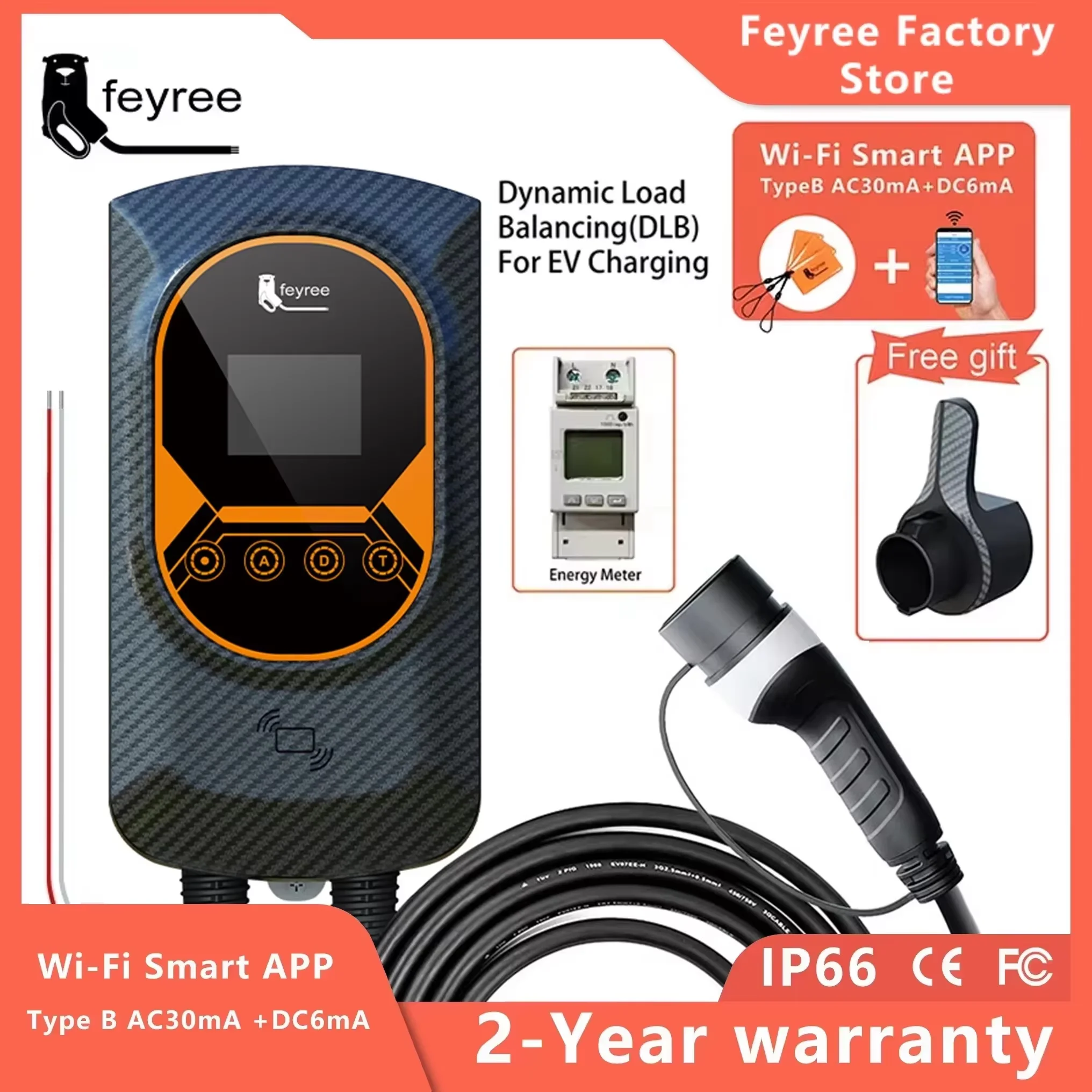 Feyree EV Charger Type2 Cable 32A 7.6KW Dynamic Load Balancing EVSE Wallbox APP Function 11KW 22KW Charging Station Electric Car