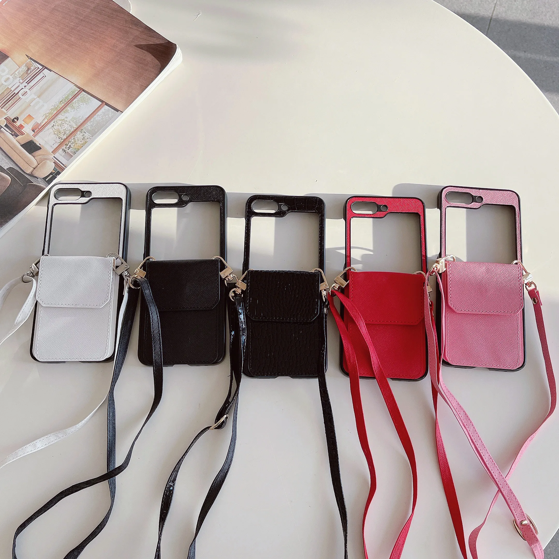 

New Luxury Leather Card Pocket Lanyard Phone Case for Samsung Galaxy Z Flip 3 Z Flip 4 Z Flip 5 5G PC Hard Back Cover Funda Gift
