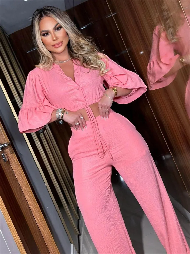 Wmstar Two Piece Set Women Summer Fashion V Neck Flare Sleeve Lace Up Top Wide Leg Long Pants Casual Set Wholesale Dropshipping