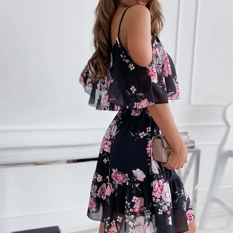 Chiffon Spaghetti Strap Floral Print Off Shoulder Sundress