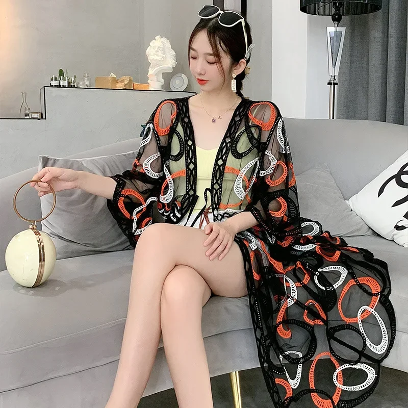 보헤미안 스타일 루즈핏 긴 면 실 레이스 가디건, 자외선 차단 의류, 오토바이 따뜻한 얼굴 마스크 액세서리, 여름 신상