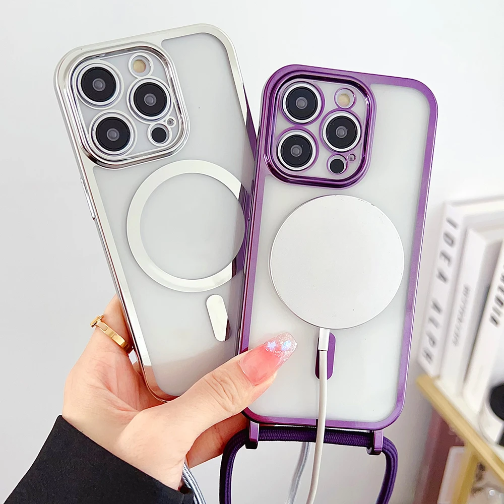 Elegant Magnetic Crossbody Lanyard with Plated Clear Wireless Charging Cover