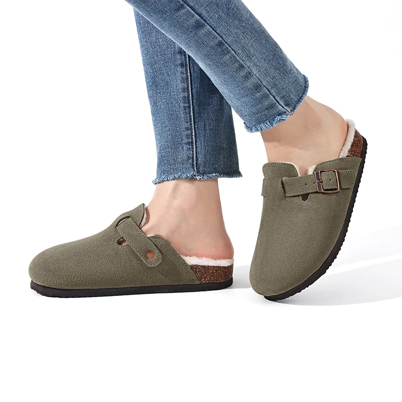 Comwarm Plush Lined Clogs Women Cork Footbed Fur Mules Men Warm Furry Slides House Sllippers Outdoor Winter Fuzzy Cork Slippers