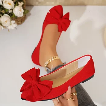 Women's Casual Flat Bottom Slip-On Shoes Spring Summer Pointed Comfortable Walking Footwear Women Bowtie Red Flats Size 43 1