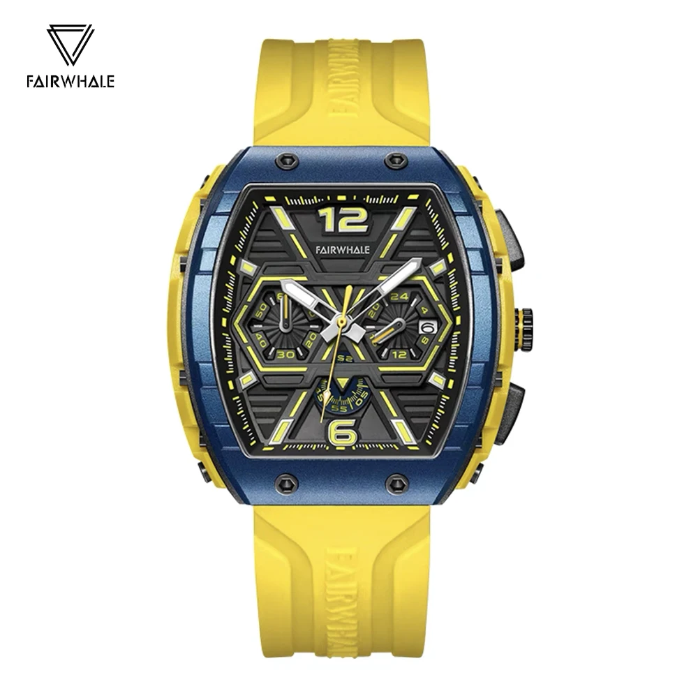 Fashion Men Watches 2023 Luxury Brands Mark Fairwhal Tonneau Clock Sports Yellow Silicone Strap Waterproof Quartz Man Wristwatch