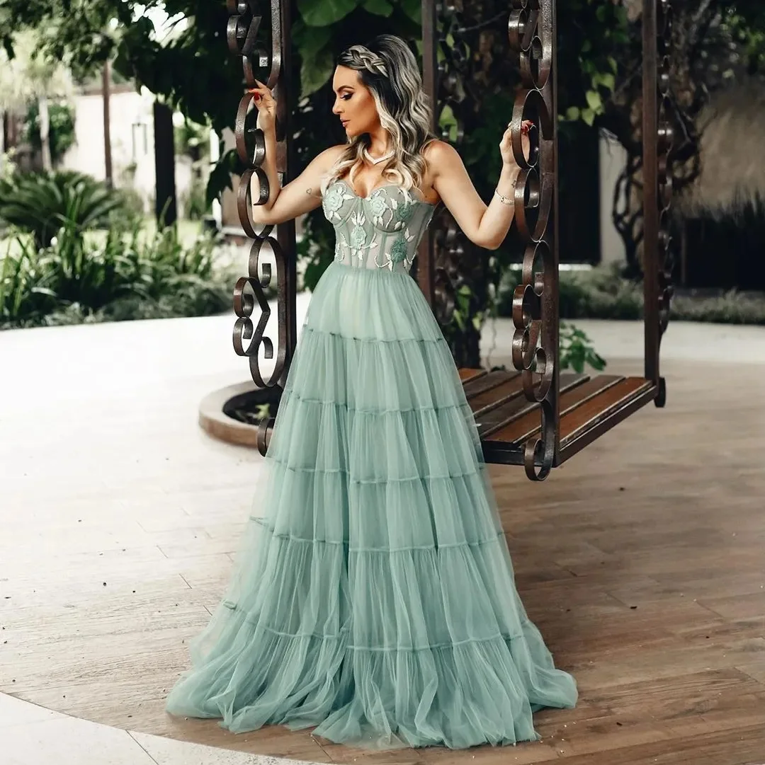 

Fabulous Sage Floral Appliqued Prom Dresses Sweetheart Neck Sleeveless Pleated Evening A Line Floor Length Tulle Formal YD