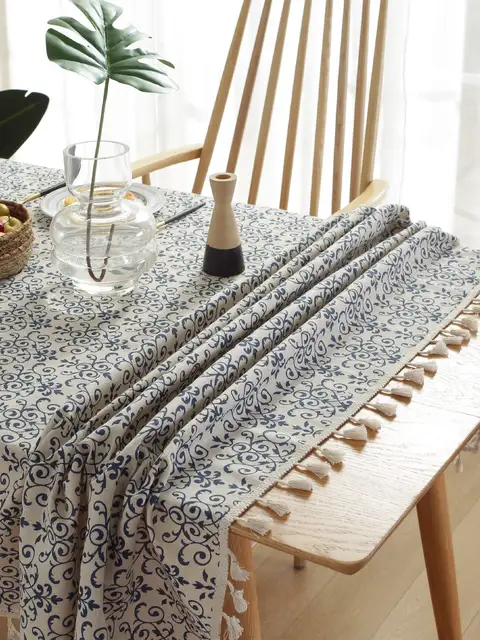 Mantel estampado de lino y algodón bohemio, mantel chino de porcelana azul y blanca para mesa occidental, picnic, fiesta
