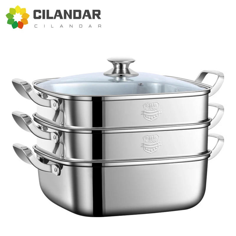 Bandeja Quadrada de 316 Doméstica Espessada Camada Dupla Três Camadas Multifuncional Gás Eletromagnética Aço Inoxidável