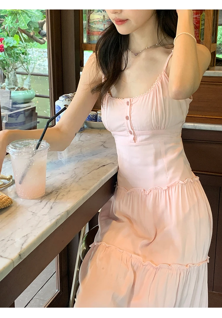 French Elegant Dresses for Women Solid Spaghetti Strap Summer New Ruffles A-line Casual Korean Chic Midi Vestidos Mujer