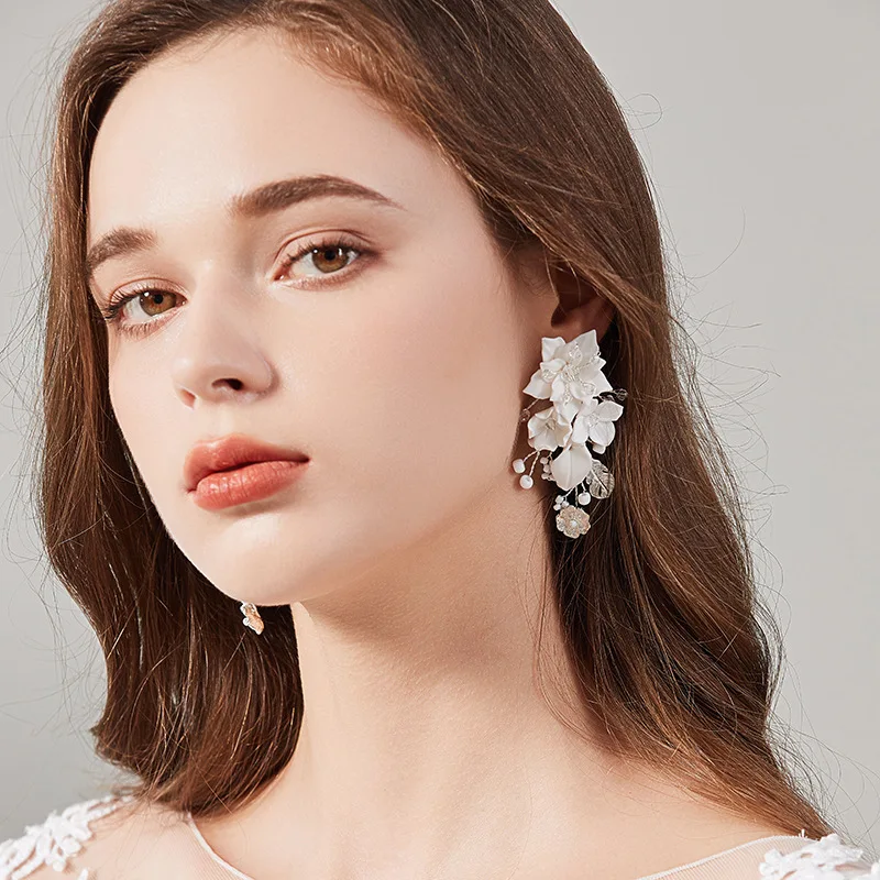 SLBRIDAL Handmade Rhinestones Crystal Pearls Flower Bridal Dangle Earring Wedding Drop Earring Women Girls Fashion Party Jewelry 4
