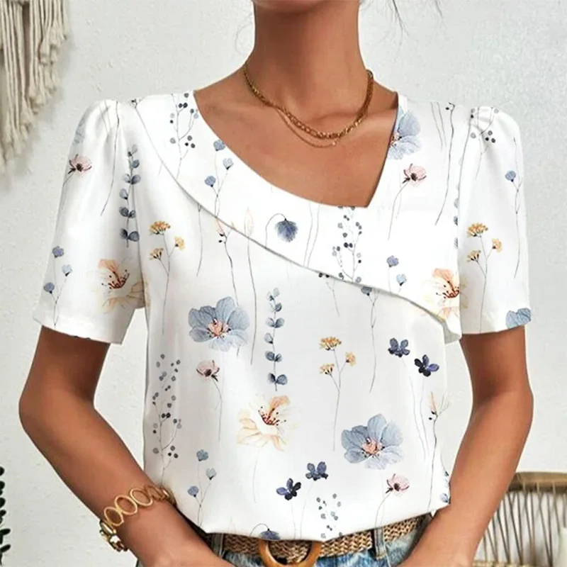 

Summer Fashion Skew V Neck Shirt Elegant Short Sleeve Office Lady Blouse Pullover Vintage Female Harajuku Tops Blusa for Women