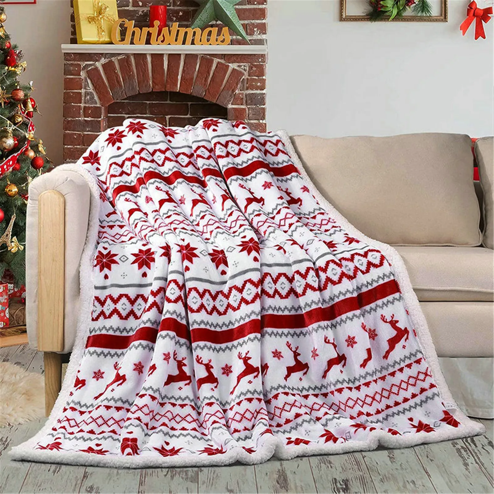 ChristmasBlanketsXmasElkDiamondStripedsSplicingBlanketDouble