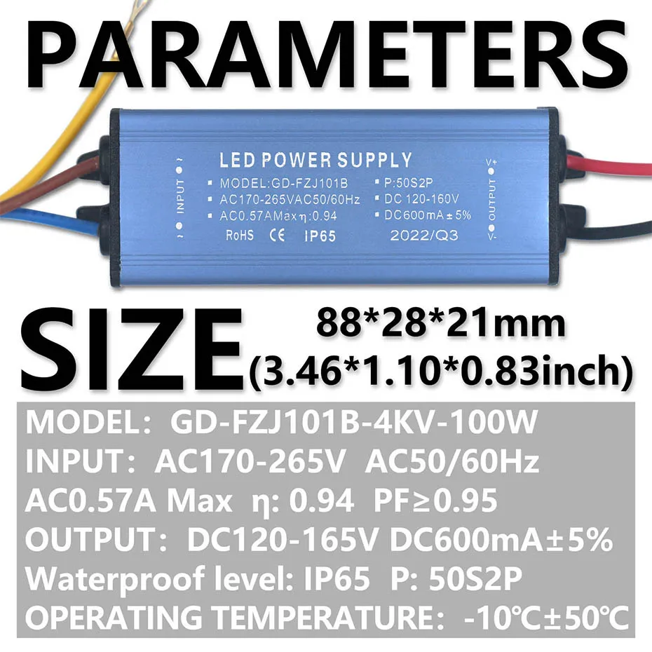 Description Picture 3 of item50W 100W 150W 200W 300mA 600mA 900mA 1200mA LED Driver AC170-265V to DC120-160V Adapter Transformer Power Supply For Floodlight